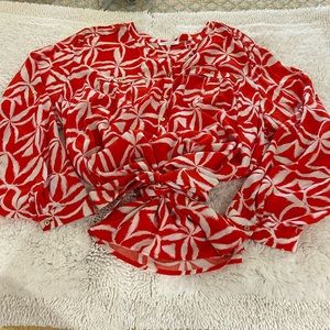 orangish-red & white patterned tunic blouse